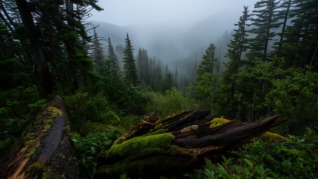 Mystical forest landscape with evergreen trees and fog covering distant mountains
