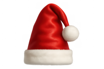 Santa hat symbolizing christmas, holiday season, and winter celebrations. Features red fabric with white fluffy trim and pompom