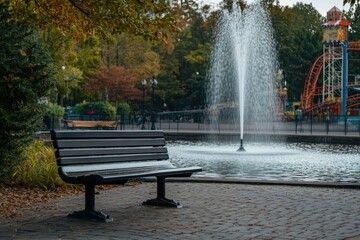 Obraz premium A calm scene of a bench near the amusement park fountain, quiet corner for rest, clean and professional composition, copy space, natural color, minimalism, stock photography