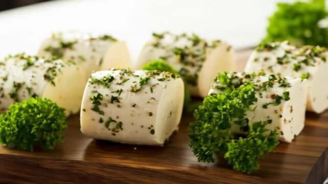 Fresh Herb Crusted Goat Cheese Log Appetizer Prepared on a Rustic Wooden Board