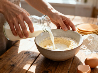 Hands pouring fresh milk into a bowl with flour and butter on a rustic wooden table, preparing homemade pancakes in natural morning light.