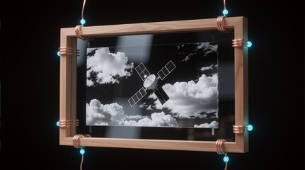 Satellite in clouds displayed in a wooden frame, used for tech or space themes.