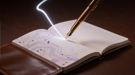 A golden fountain pen writing on a notebook with glowing circuit patterns, expressing innovation or Used in tech scenes.