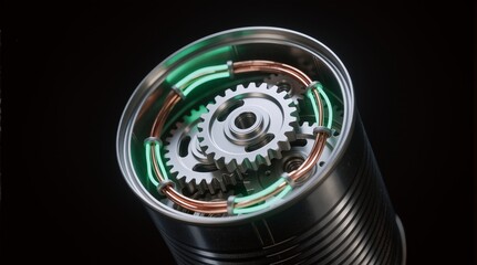 Futuristic mechanical gear with glowing green lights, used in sci-fi tech scenes.