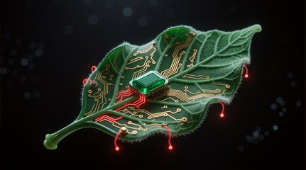 A leaf with embedded circuitry and glowing red wires, expressing bio-tech fusion or Used in futuristic tech scenes