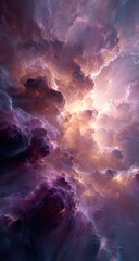 Vast, swirling clouds in deep purples, pinks, and golds, illuminated from within