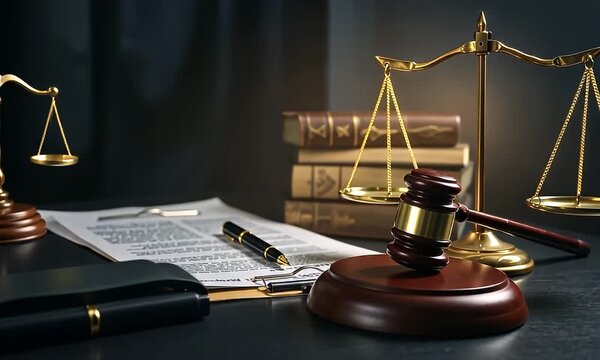 Law, justice, and judgment concept with a judge's gavel, scales, and legal documents on a dark desk