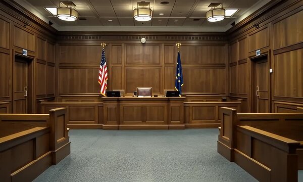 An empty American courtroom with a judge's bench, symbolizing the judicial system and the pursuit of justice