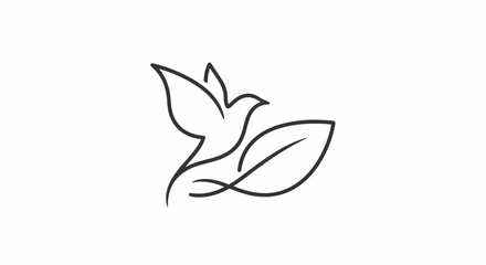 Fototapeta premium Minimalist line art illustration of a dove in flight positioned near a leaf, conveying themes of peace, nature, and environmental consciousness.