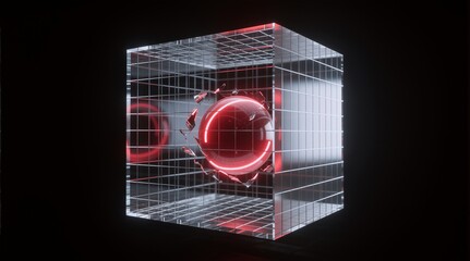 Red glowing sphere breaking through a transparent grid cube, expressed futuristic or Used in sci-fi scenes