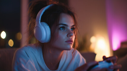 Immersive gaming lifestyle of young woman with headphones in ambient room play video game focused expression