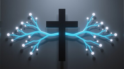 A glowing blue branch with a black cross, expressing faith and spirituality.