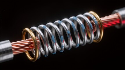 Close-up of a coiled cable with metallic springs, used in industrial or tech scenes.