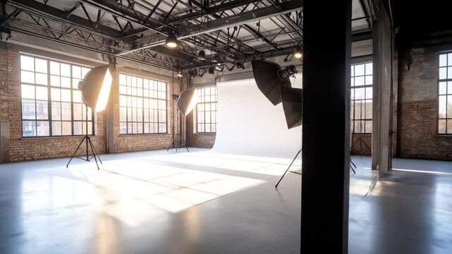 Industrial Style Photography Studio with Large Windows and Natural Light illuminating a White Seamless Background