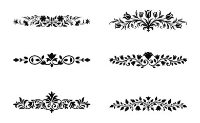 Collection of six ornate black floral decorative borders and dividers