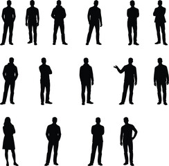 Human silhouette grid, standing poses, gesture variety, casual and formal stances, black and white, posture reference, vector character set