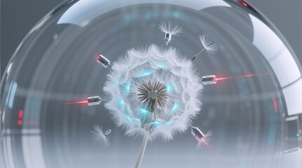 Dandelion with glowing seeds and robotic arms, futuristic sci-fi scene