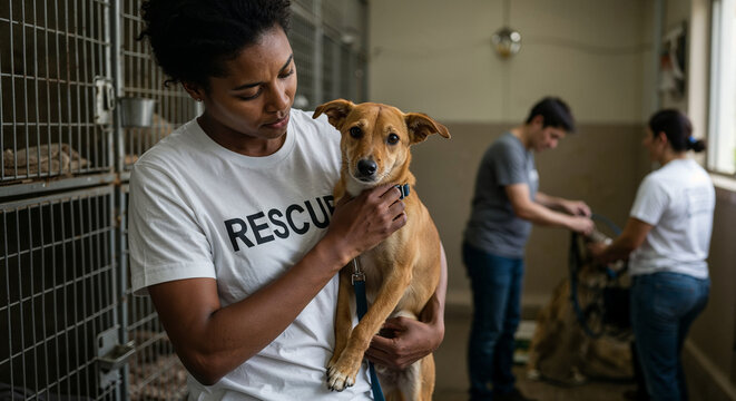 A compassionate animal rights activist gently holding a rescued dog at an animal shelter - Powered by Adobe