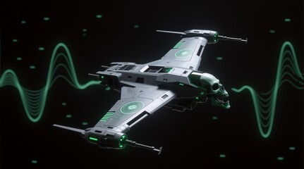Futuristic skull-themed spaceship with green glow, used in sci-fi game scenes or expressed dark tech aesthetic.