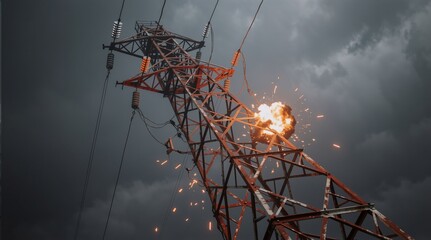 Exploding power pylon under stormy sky, expressed danger or used in disaster scenes.