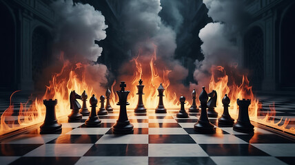 Silhouetted chess players strategize against a world map 