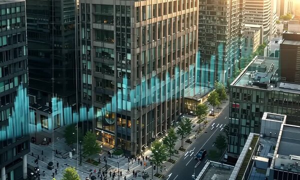 Financial District Modern Cityscape with Digital Growth Chart Overlay - Powered by Adobe