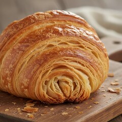 Fototapeta premium A freshly baked croissant with golden-brown, flaky layers on a wooden cutting board.