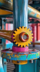A close-up of a colorful amusement ride mechanism with gears and painted steel, industrial texture with fun colors, clean and professional composition, copy space, natural color, minimalism, stock pho