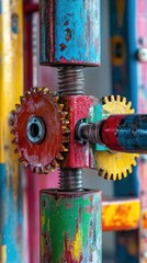 A close-up of a colorful amusement ride mechanism with gears and painted steel, industrial texture with fun colors, clean and professional composition, copy space, natural color, minimalism, stock pho