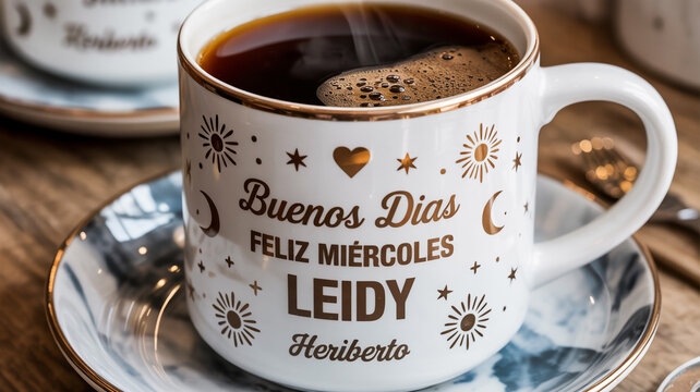 A white mug with the words buenos dias, feliz miercoles, leidy, heriberto