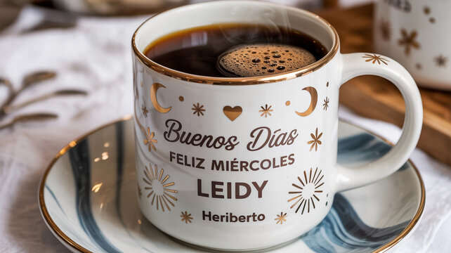 A white mug with buenos dias feliz miercoles leidy written on it