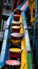 A close-up of a colorful amusement ride mechanism with gears and painted steel, industrial texture with fun colors, clean and professional composition, copy space, natural color, minimalism, stock pho
