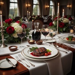 Elegantly set dining table with grilled steak, wine, and floral centerpiece in a formal restaurant setting