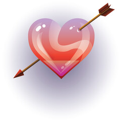Glossy red and purple heart pierced by a brown arrow with a soft purple glow on a transparent background symbolizing love and affection