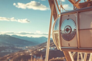 A close-up of a Ferris wheel cabin with a scenic view in the background, soft light and gentle atmosphere, clean and professional composition, copy space, natural color, minimalism, stock photography
