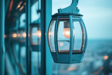 A close-up of a Ferris wheel cabin with a scenic view in the background, soft light and gentle atmosphere, clean and professional composition, copy space, natural color, minimalism, stock photography