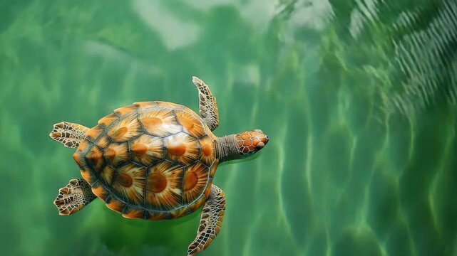 Solitary turtle swimming in clear, green water with ripples around it