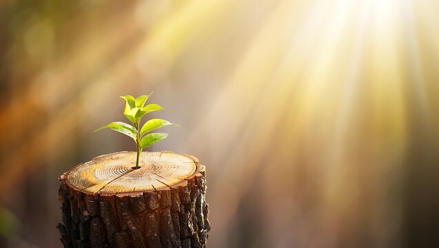 New Sprout Growing from Old Tree Stump Symbolizing Hope and Renewal