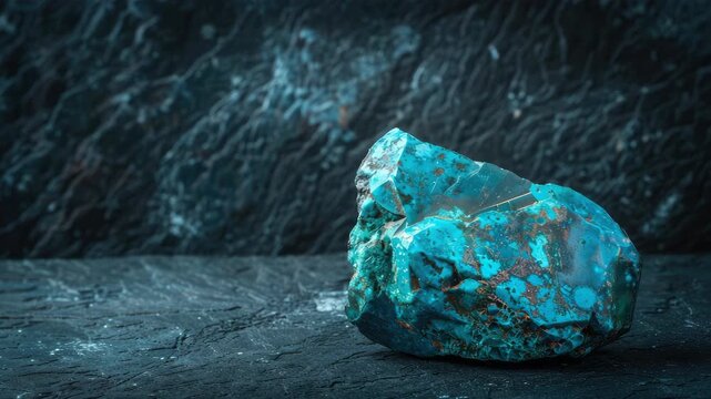 Raw turquoise rock sample on dark slate background