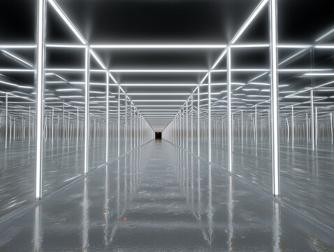 Endless mirrored space with illuminated geometric grid, conveying infinity, futuristic vision, and digital clarity
