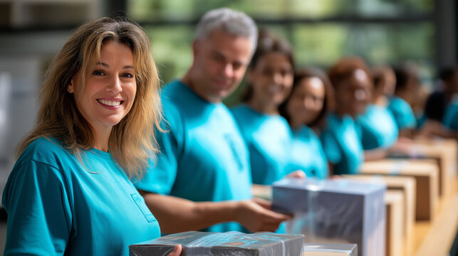 Defocused image of volunteers in matching shirts forming a line to pass packages, glowing natural light enhancing spirit of cooperation, with copy space