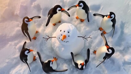 High-angle shot of penguins gathered around a snowman in snowy landscape with cold, wintry mood. - Powered by Adobe