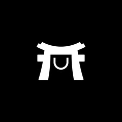 Fototapeta premium A white torii gate stands prominently against a black background, symbolizing a serene entrance to a sacred space, illustration, front view