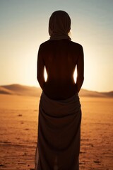Silhouette of a beautiful woman in the desert