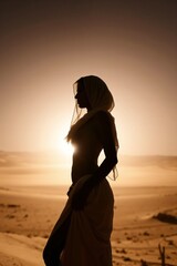 Silhouette of a beautiful woman in the desert