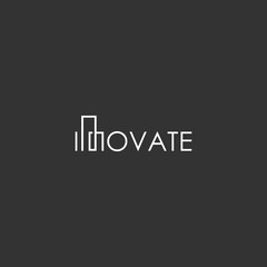 Modern logo design featuring the word 'innovate' with a stylized letter 'i' and simple typography on a dark background viewed from a straightforward perspective
