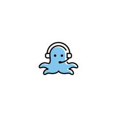 Fototapeta premium A blue octopus character wearing headphones with a friendly smile in a simple illustration style