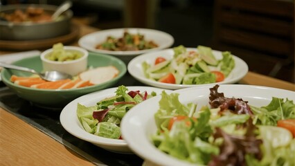 Fresh salad plates arranged on a wooden table with various greens, vegetables, and side dishes