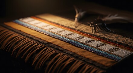 Close up of a native american beaded leather strip with fringe and a feather in the background