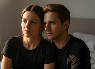 Fototapeta premium Young couple wearing black shirts sitting close together